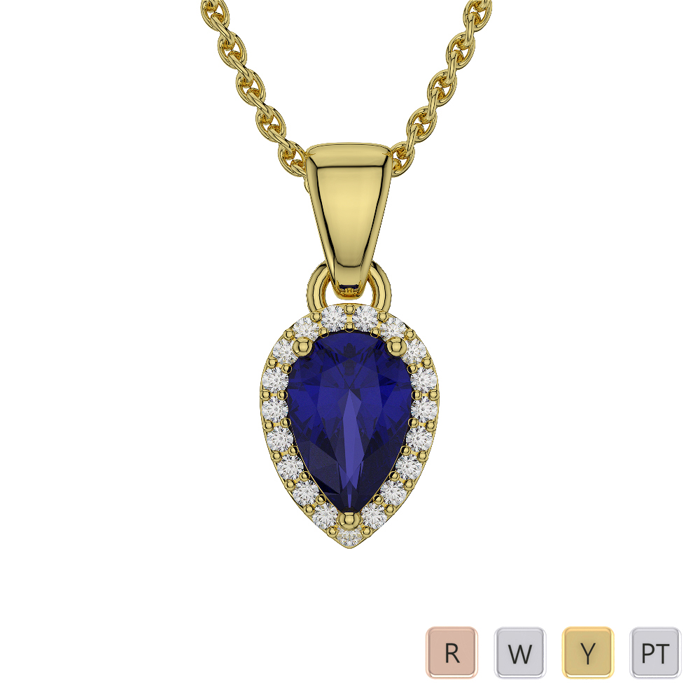 Pear Shape Blue Sapphire and Diamond Necklaces in Gold / Platinum ATZNK-0572