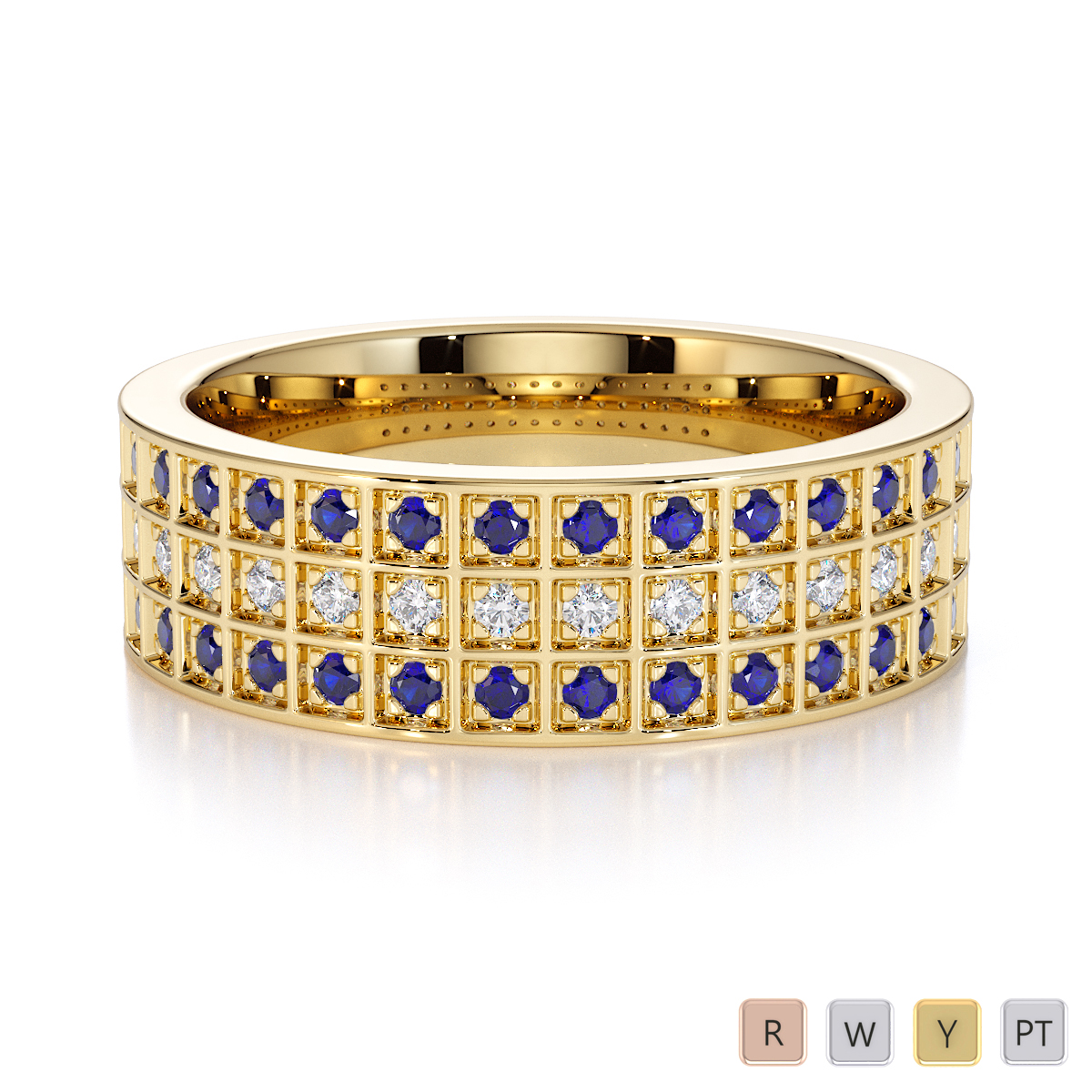 Three Row Claw Set Blue Sapphire Half Eternity Ring With Diamond in Gold / Platinum ATZR-0437