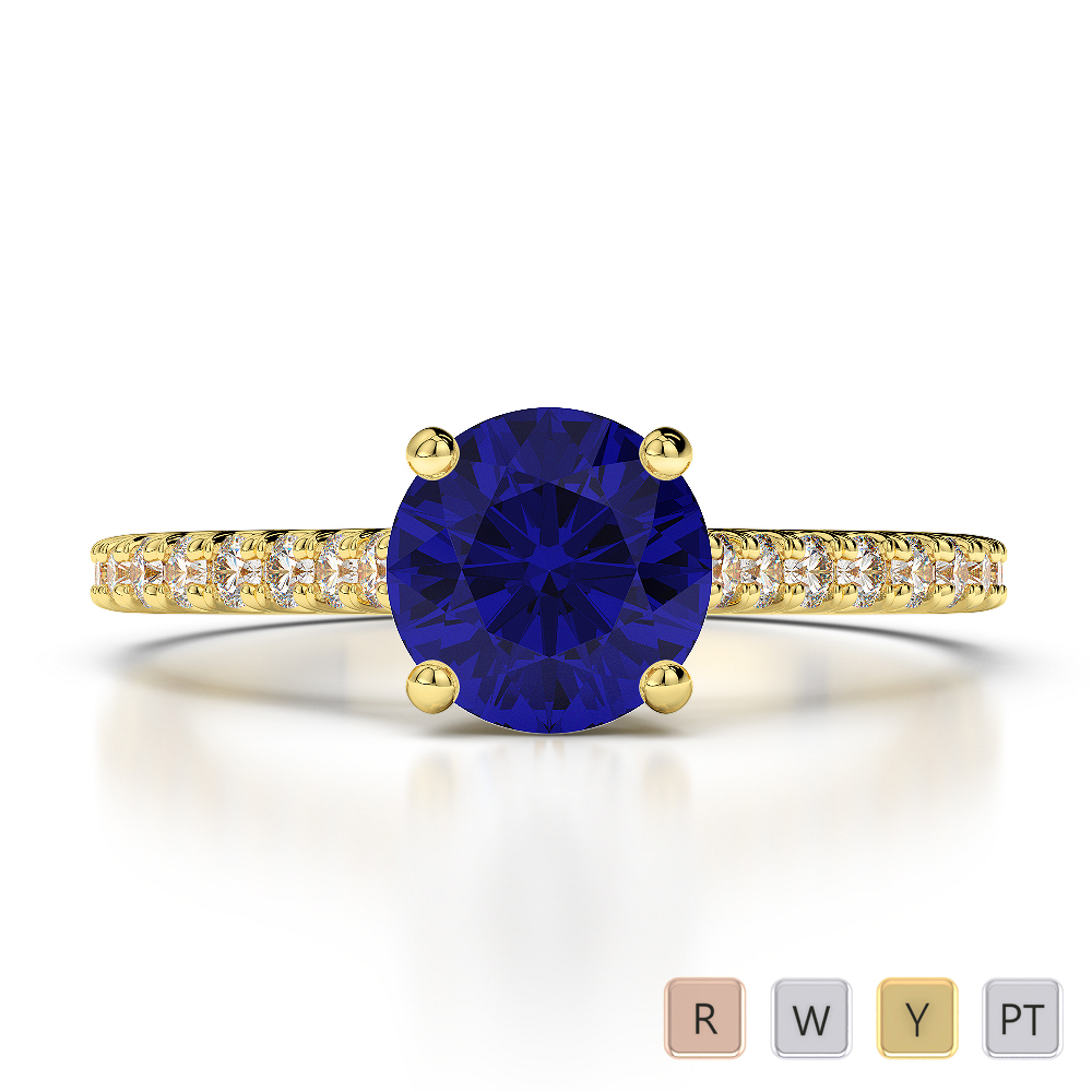 Round Cut Diamond and Blue Sapphire Engagement Ring in Gold / Platinum ATZR-0211