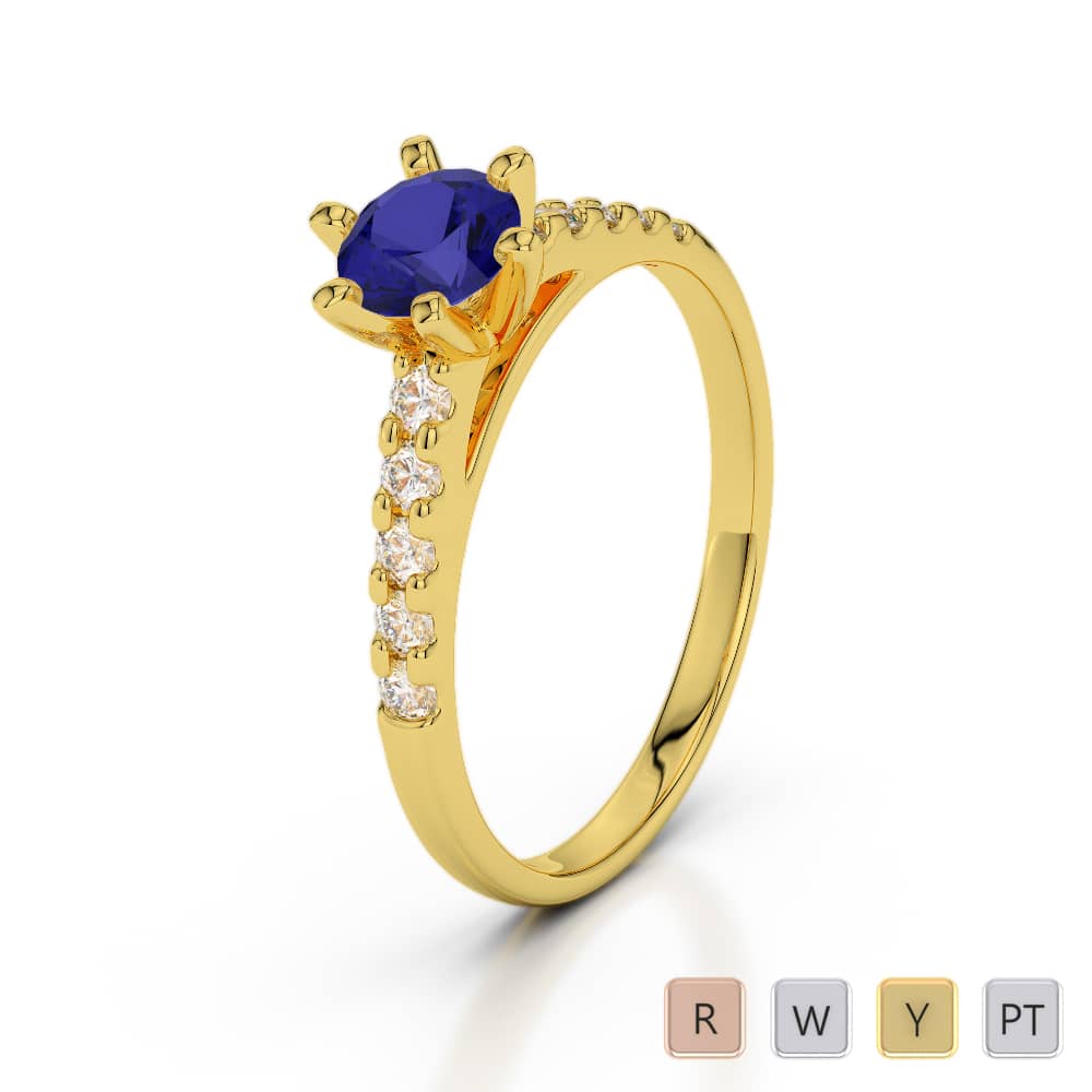6 Prong Set Engagement Ring With Blue Sapphire & Diamond in Gold / Platinum ATZR-0242