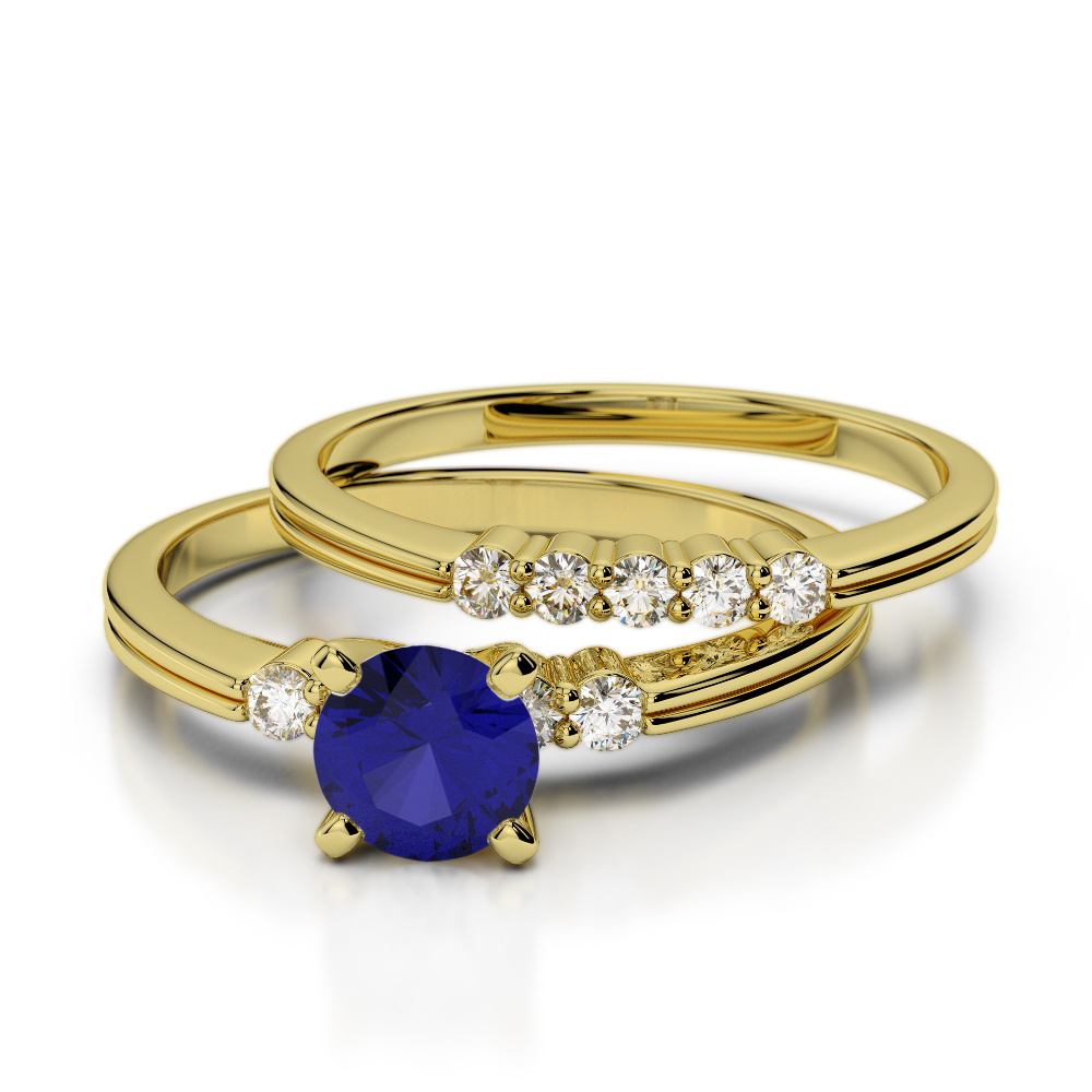 10 Stone Prong Set Diamond & Blue Sapphire Bridal Set Ring 0313