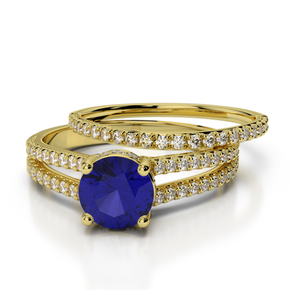 Prong Set Bridal Set Ring With Blue Sapphire and Diamond 0341