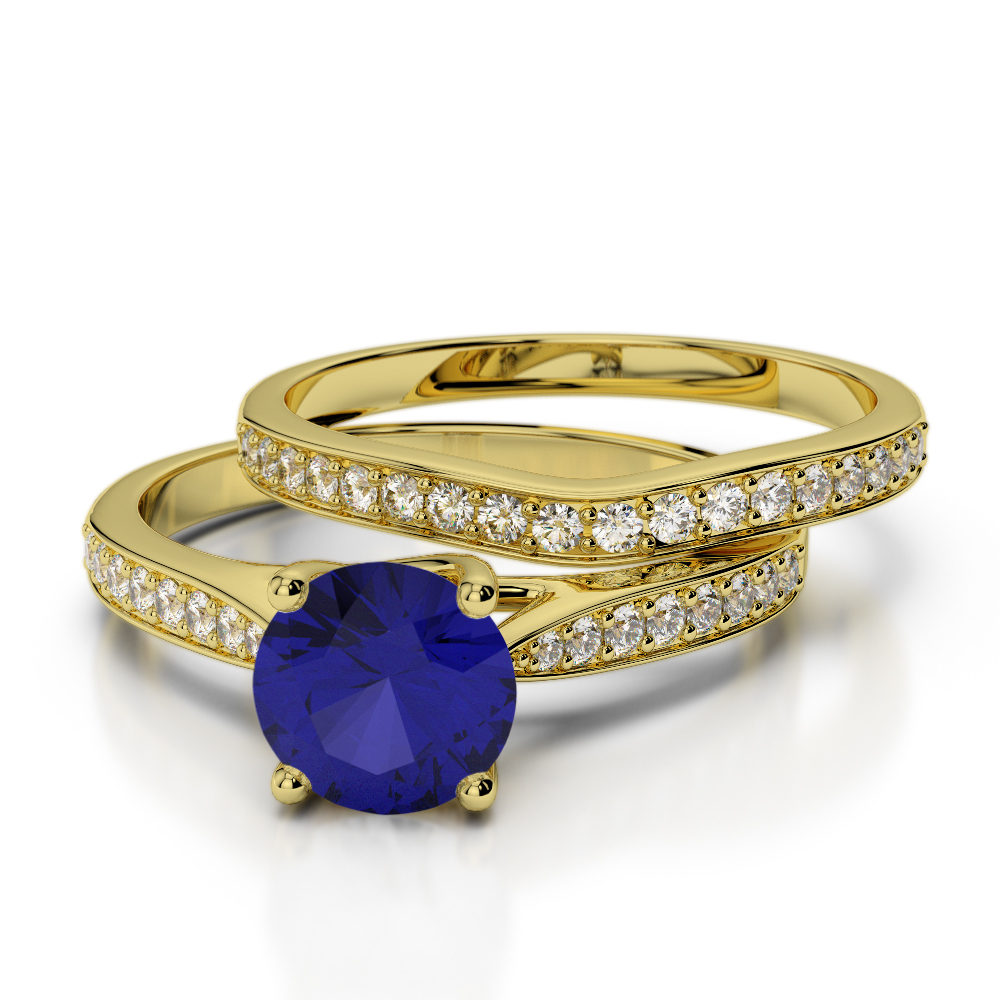 Round Cut Bridal Set Ring With Blue Sapphire and Diamond in Gold / Platinum ATZR-0350