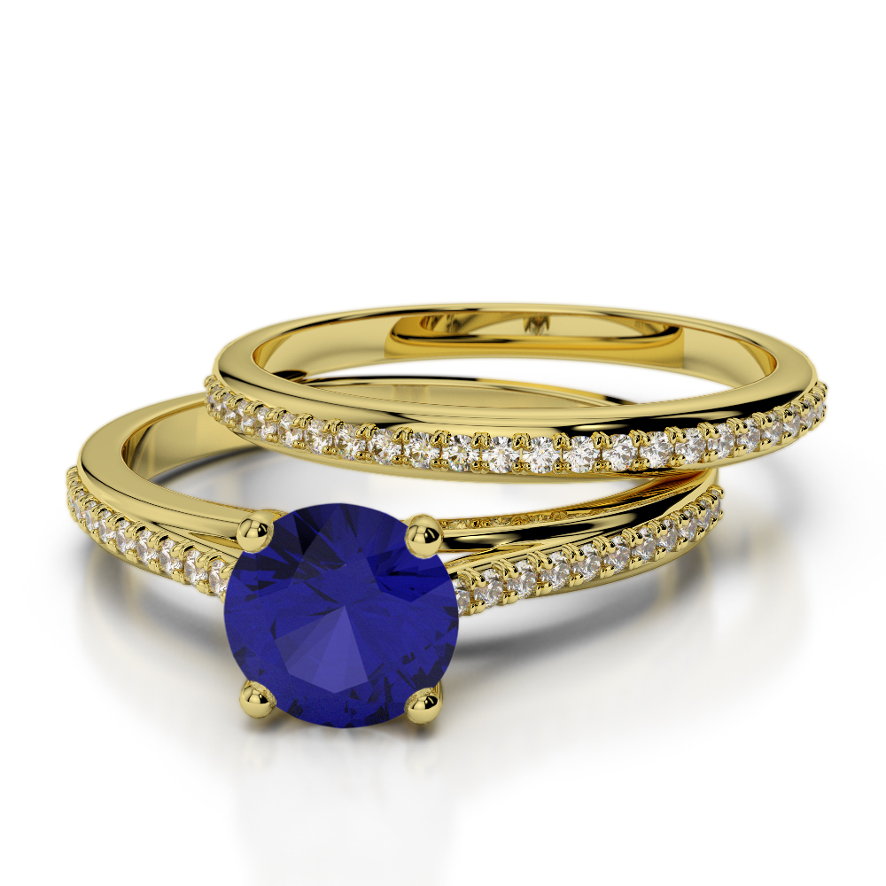 Round Cut Diamond Bridal Set Ring With Blue Sapphire in Gold / Platinum ATZR-0354