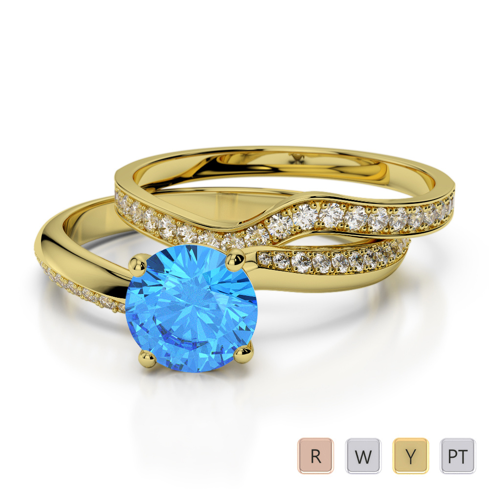 Four Prong Set Blue Topaz & Diamond Bridal Set Ring 0332