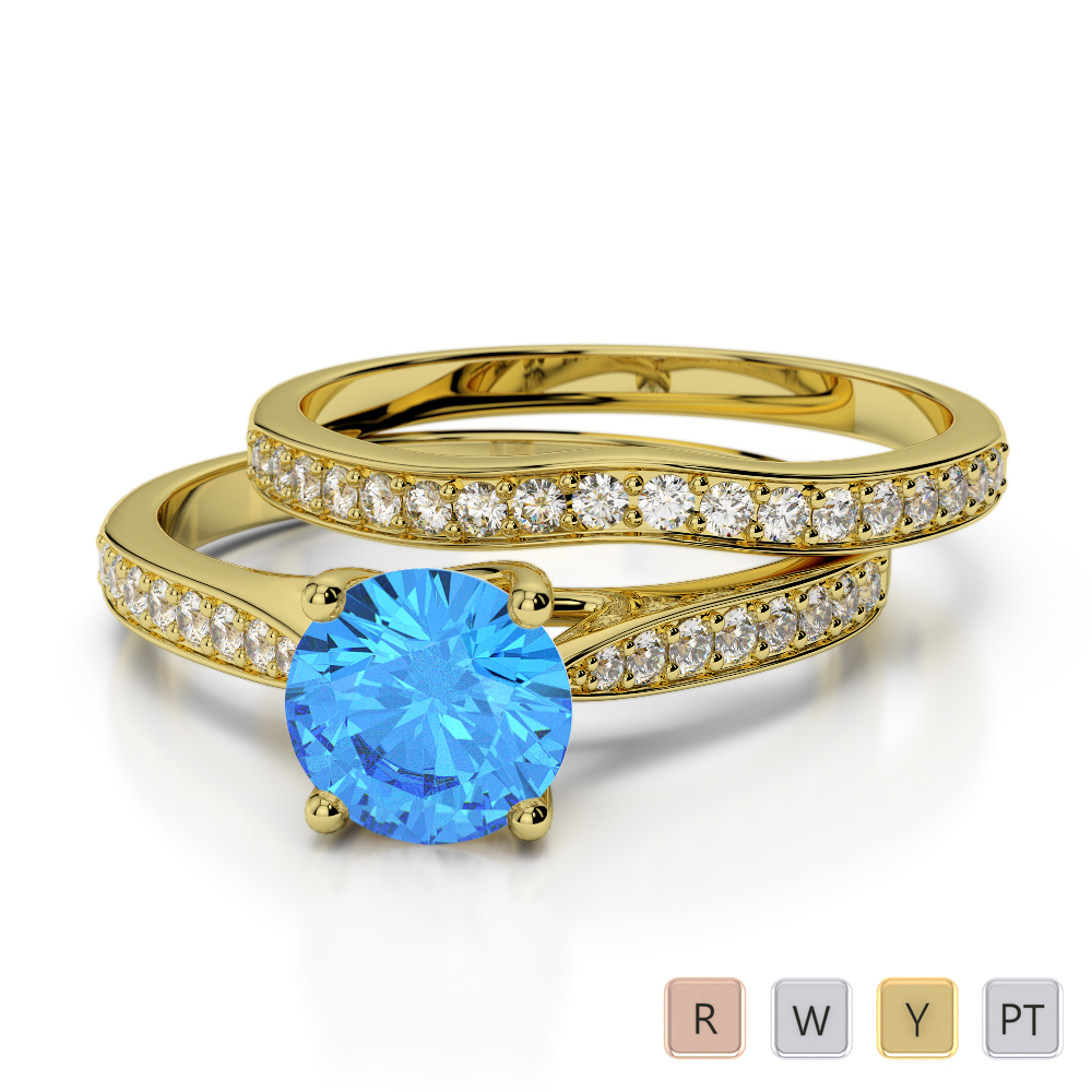 Round Cut Bridal Set Ring With Blue Topaz and Diamond in Gold / Platinum ATZR-0350