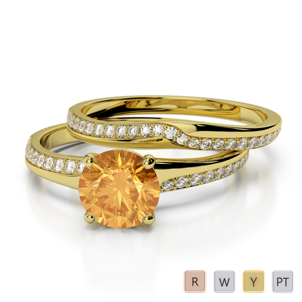 Claw Set Citrine and Diamond Bridal Set Ring in Gold / Platinum ATZR-0331