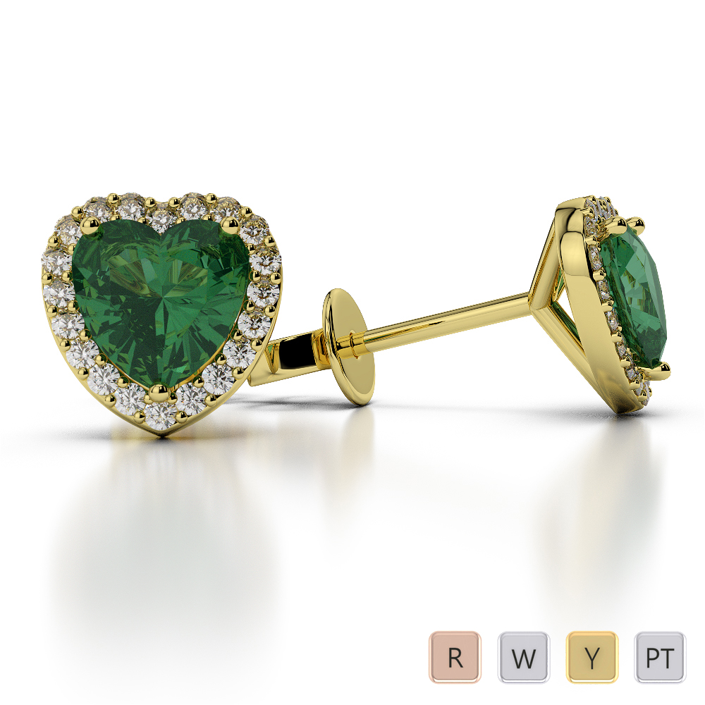 Heart Shape Emerald & Round Diamond Earrings in Gold / Platinum ATZER-0469
