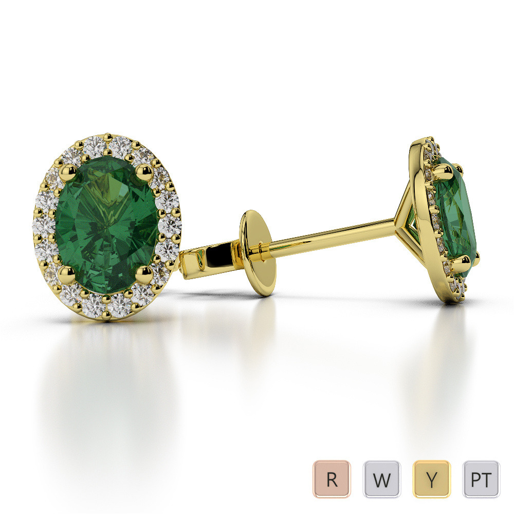 Oval Shape Emerald & Round Cut Diamond Earrings 0477