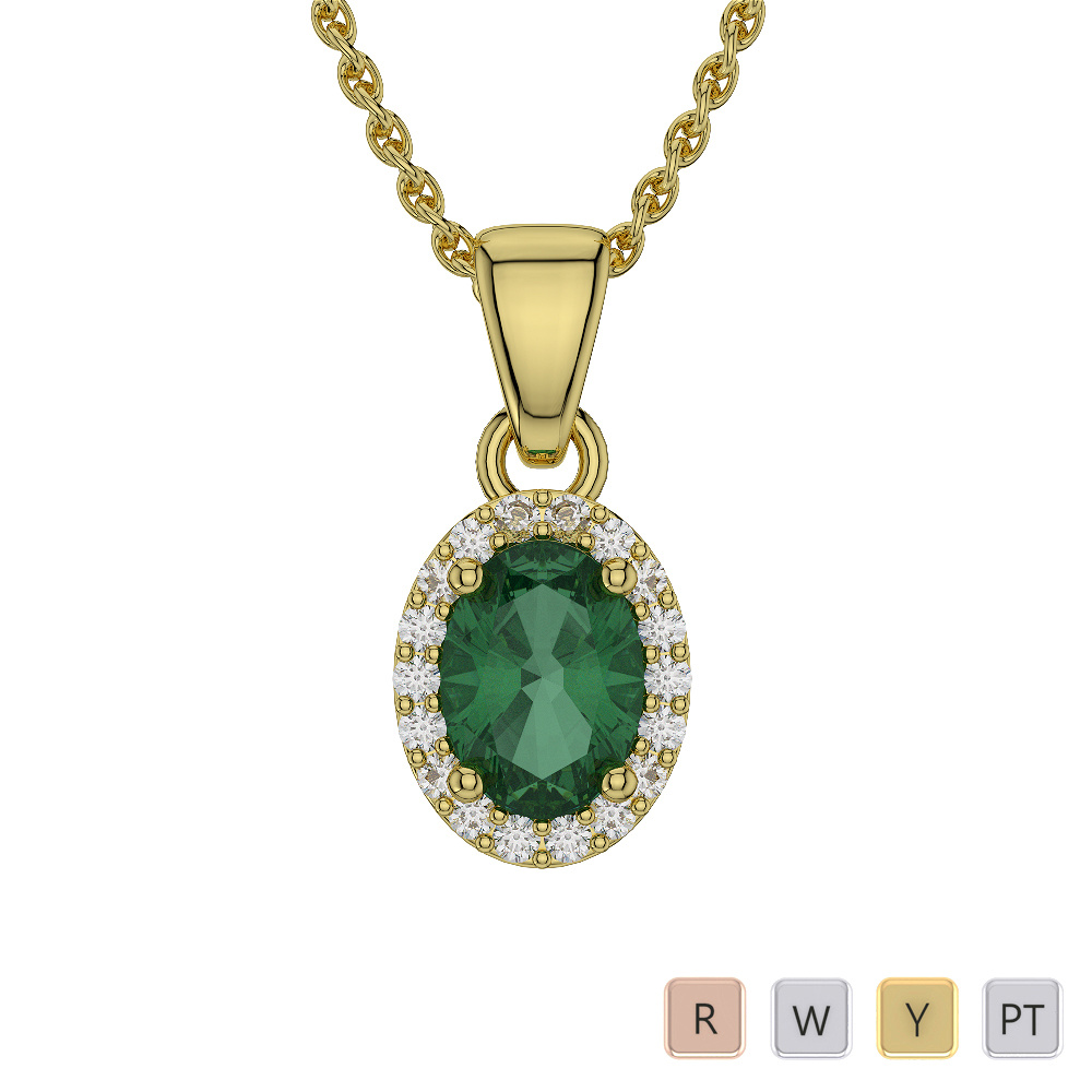 Oval Shape Emerald & Round Cut Diamond Necklaces 0570