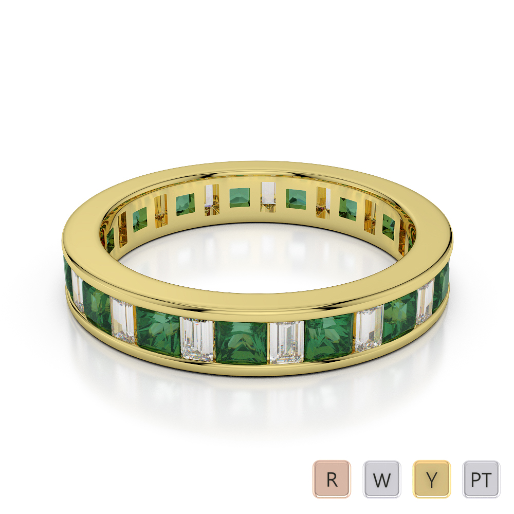 4 MM Princess Emerald & Baguette Cut Diamond Full Eternity Ring in Gold / Platinum ATZR-0419