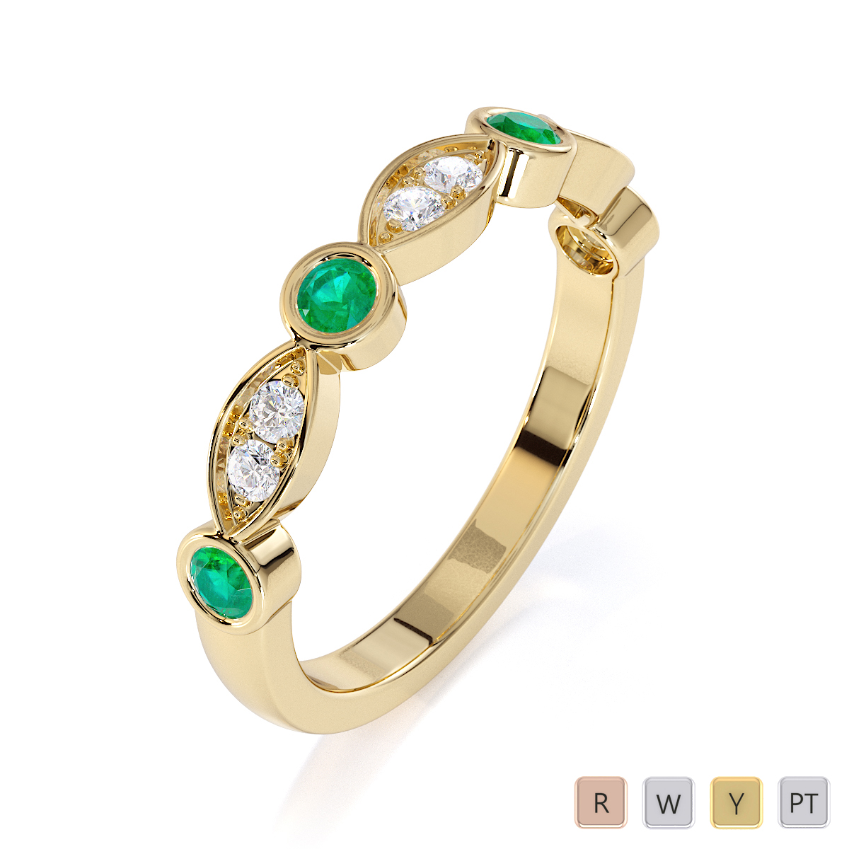 Round Cut Emerald and Diamond Half Eternity Ring in Gold / Platinum ATZR-0435