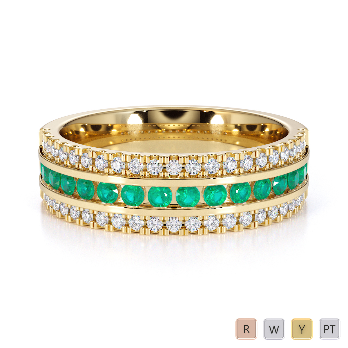 Three Row Channel Set Emerald and Prong Set Diamond Half Eternity Ring in Gold / Platinum ATZR-0451