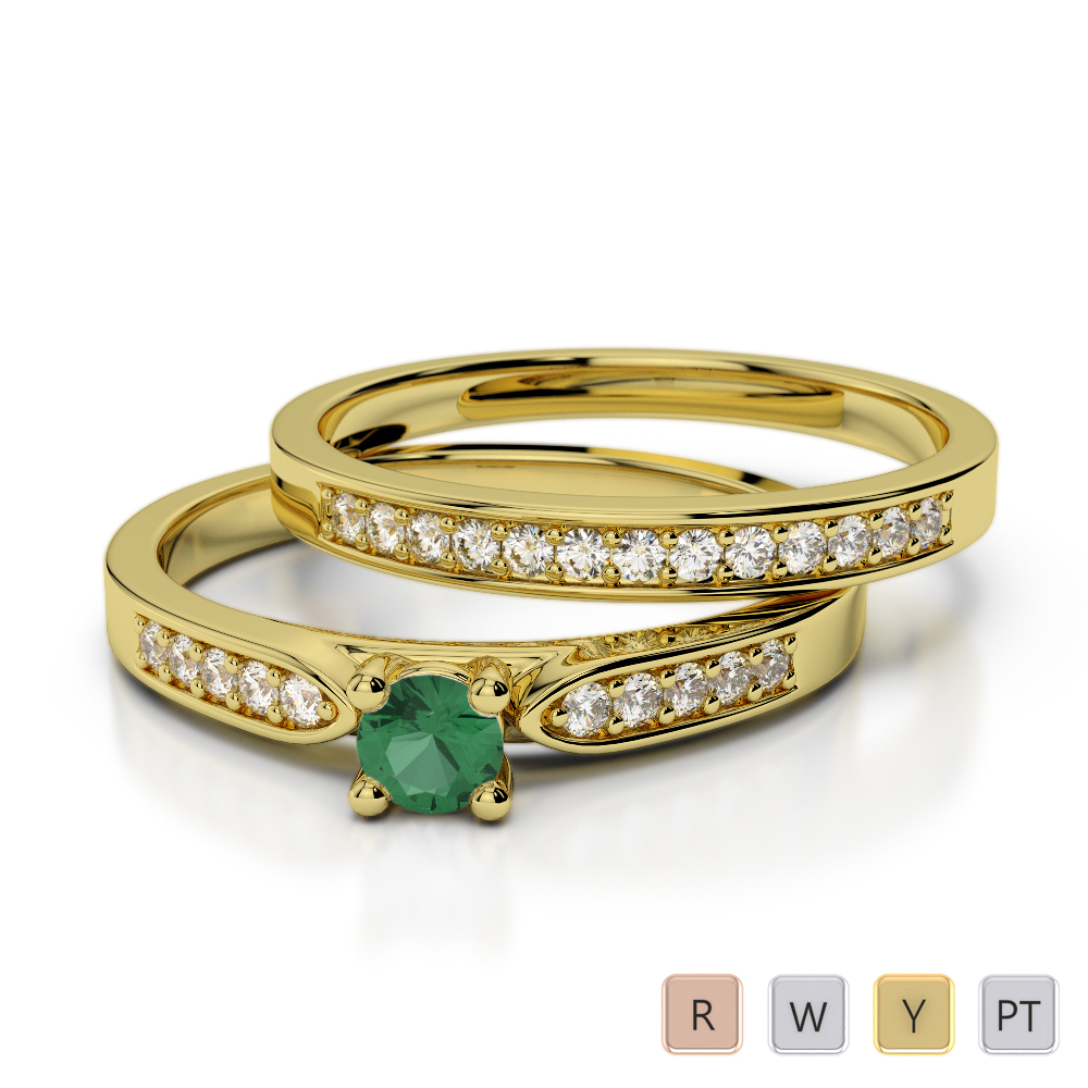 Round Cut Bridal Set Ring With Emerald and Diamond in Gold / Platinum ATZR-0293