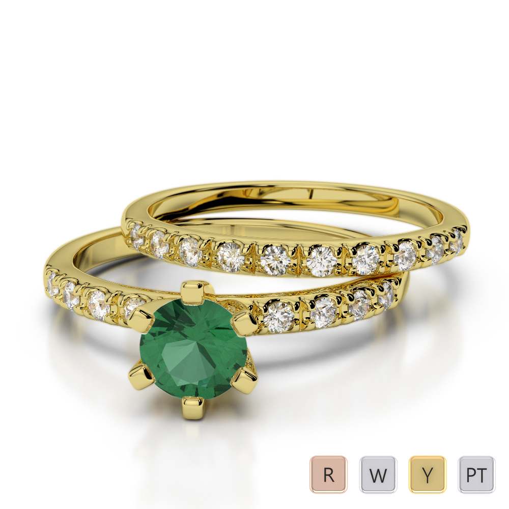Round Cut Emerald Bridal Set Ring With Diamond in Gold / Platinum ATZR-0304