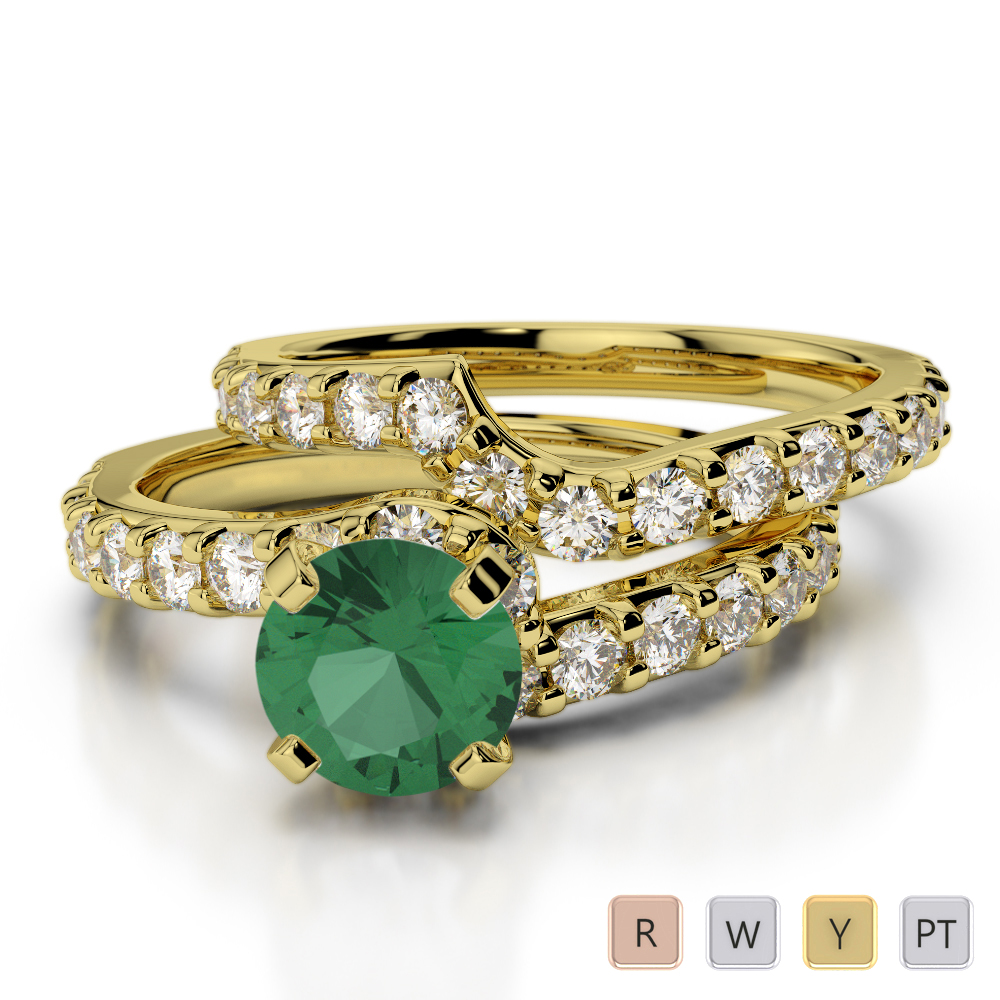 Four Claw Set Emerald Bridal Set Ring With Diamond in Gold / Platinum ATZR-0325