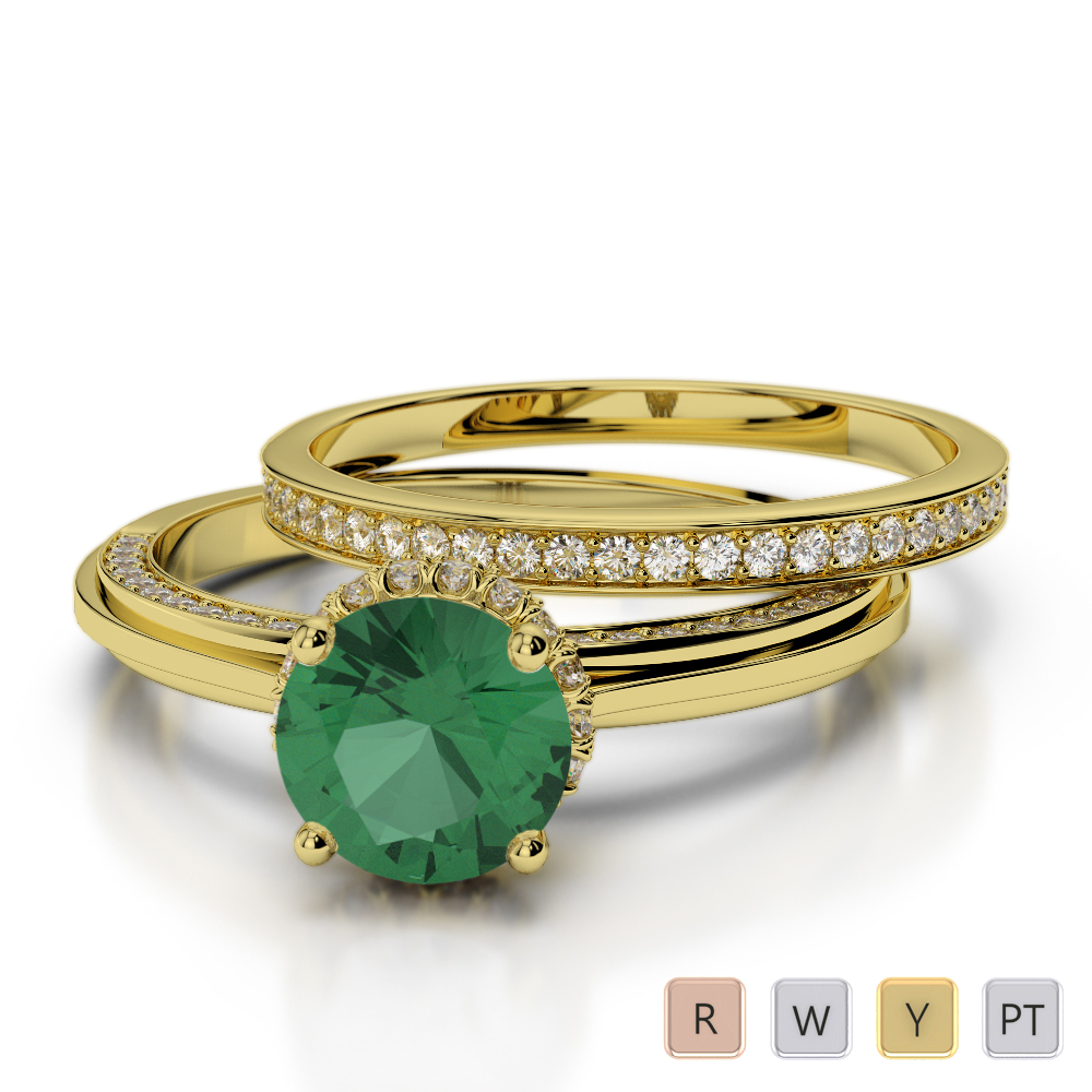 Round Cut Emerald Bridal Set Ring With Diamond in Gold / Platinum ATZR-0340