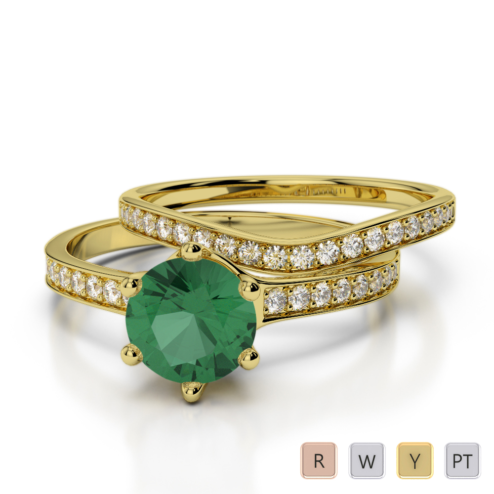 Round Cut Bridal Set Ring With Diamond & Emerald in Gold / Platinum ATZR-0348