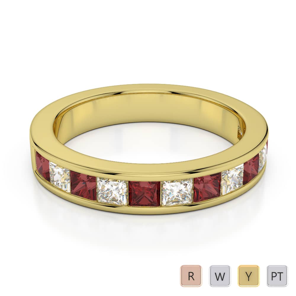 4 MM Princess Cut Garnet Half Eternity Ring With Diamond in Gold / Platinum ATZR-0415