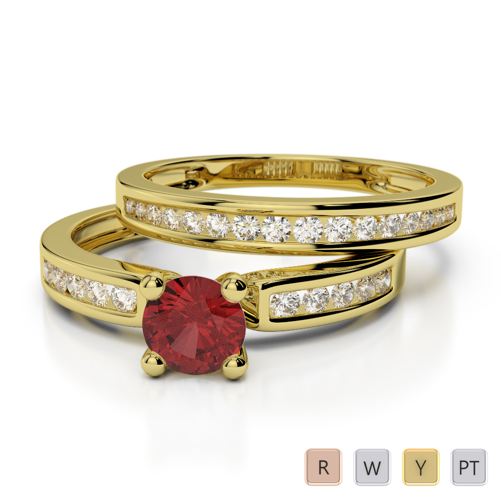 Channel Diamond & Prong Set Garnet Bridal Set Ring 0312