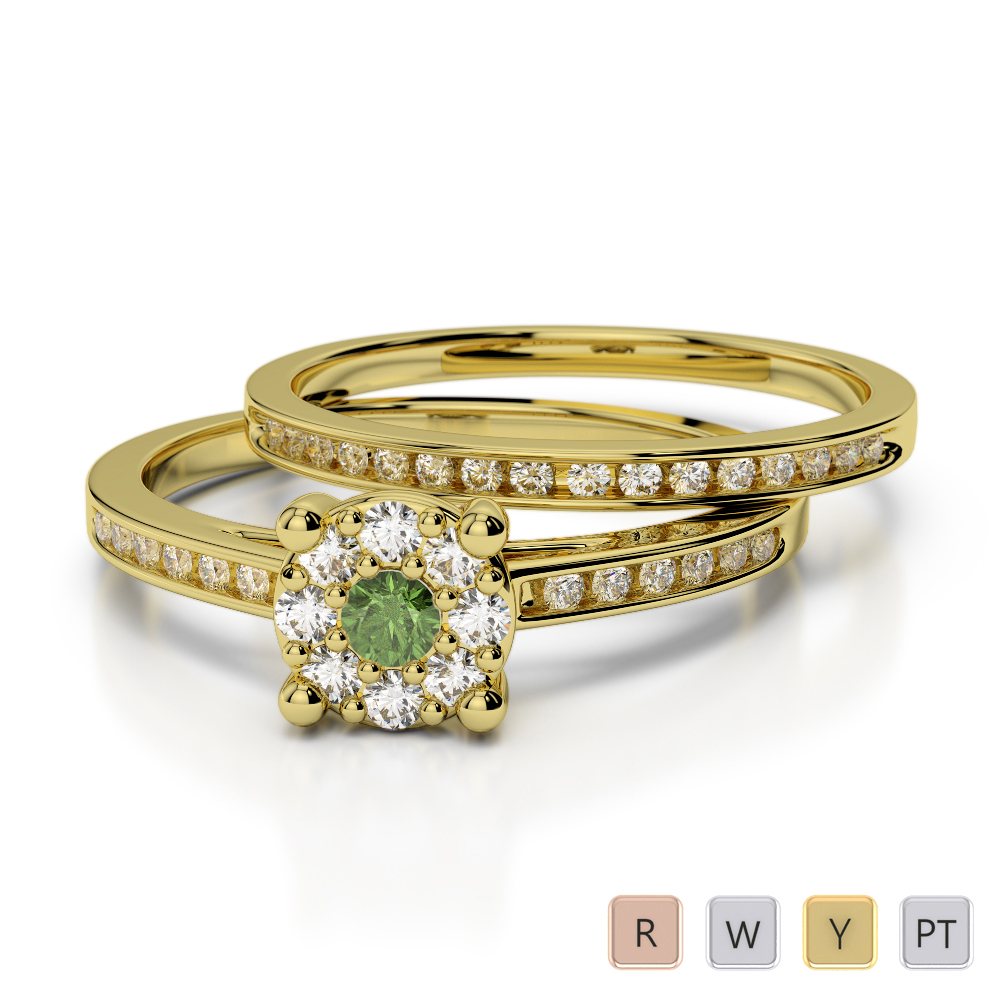 Channel Set Diamond & Prong Set Green Tourmaline Bridal Set Ring in Gold / Platinum ATZR-0291