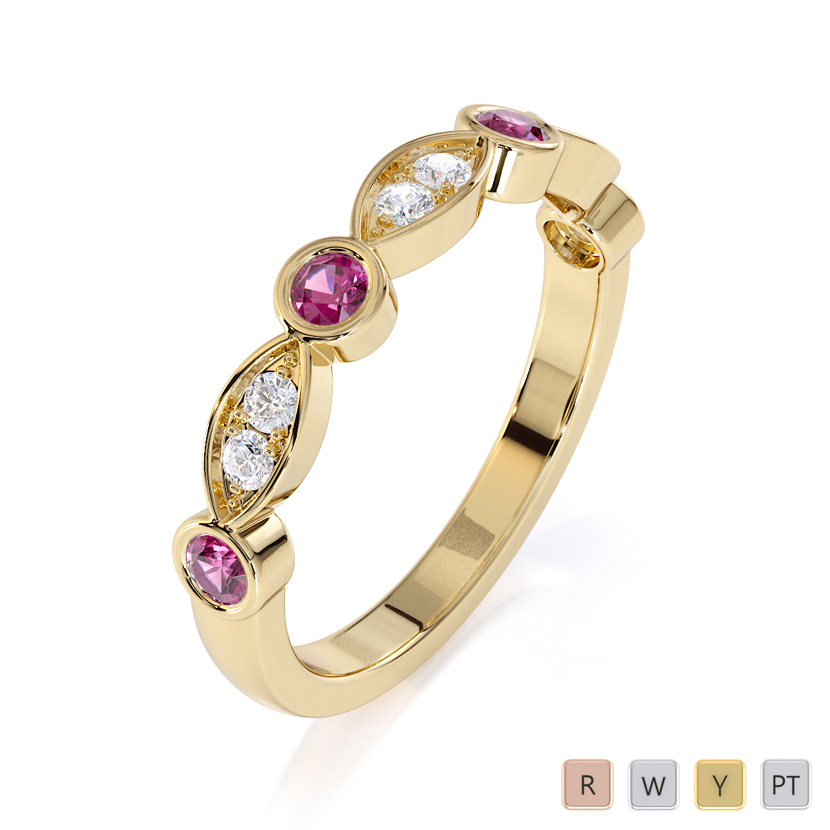 Round Cut Pink Sapphire and Diamond Half Eternity Ring in Gold / Platinum ATZR-0435