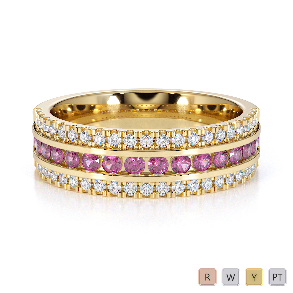 Three Row Channel Set Pink Sapphire and Prong Set Diamond Half Eternity Ring in Gold / Platinum ATZR-0451