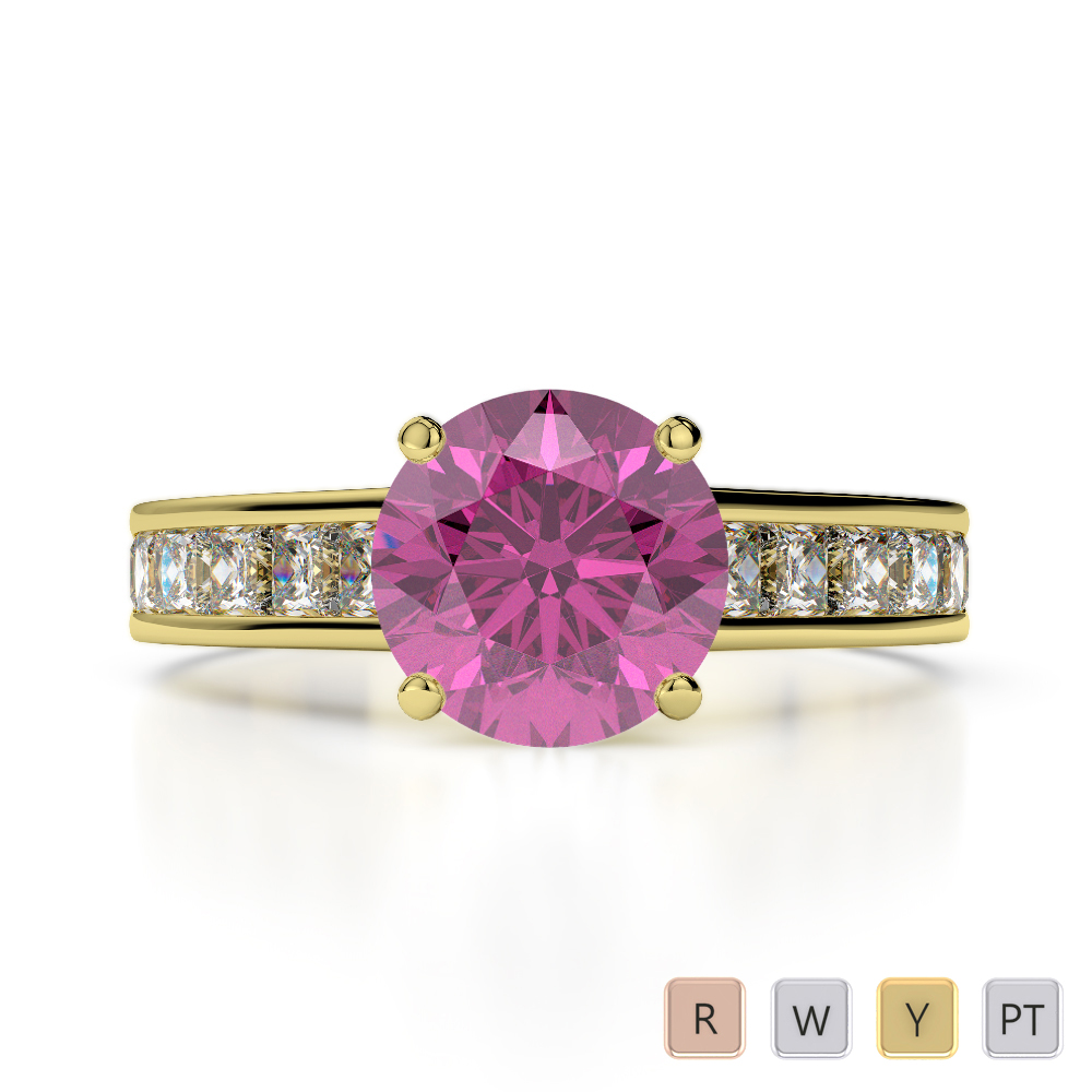 Round Cut Pink Sapphire and Princess Diamond Engagement Ring in Gold / Platinum ATZR-0222
