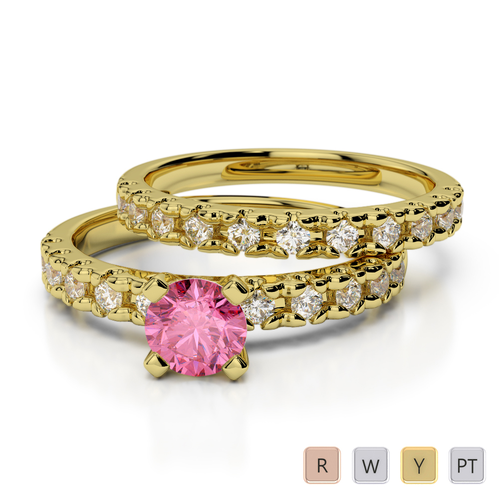 Round Cut Bridal Set Ring With Diamond and Pink Tourmaline in Gold / Platinum ATZR-0299