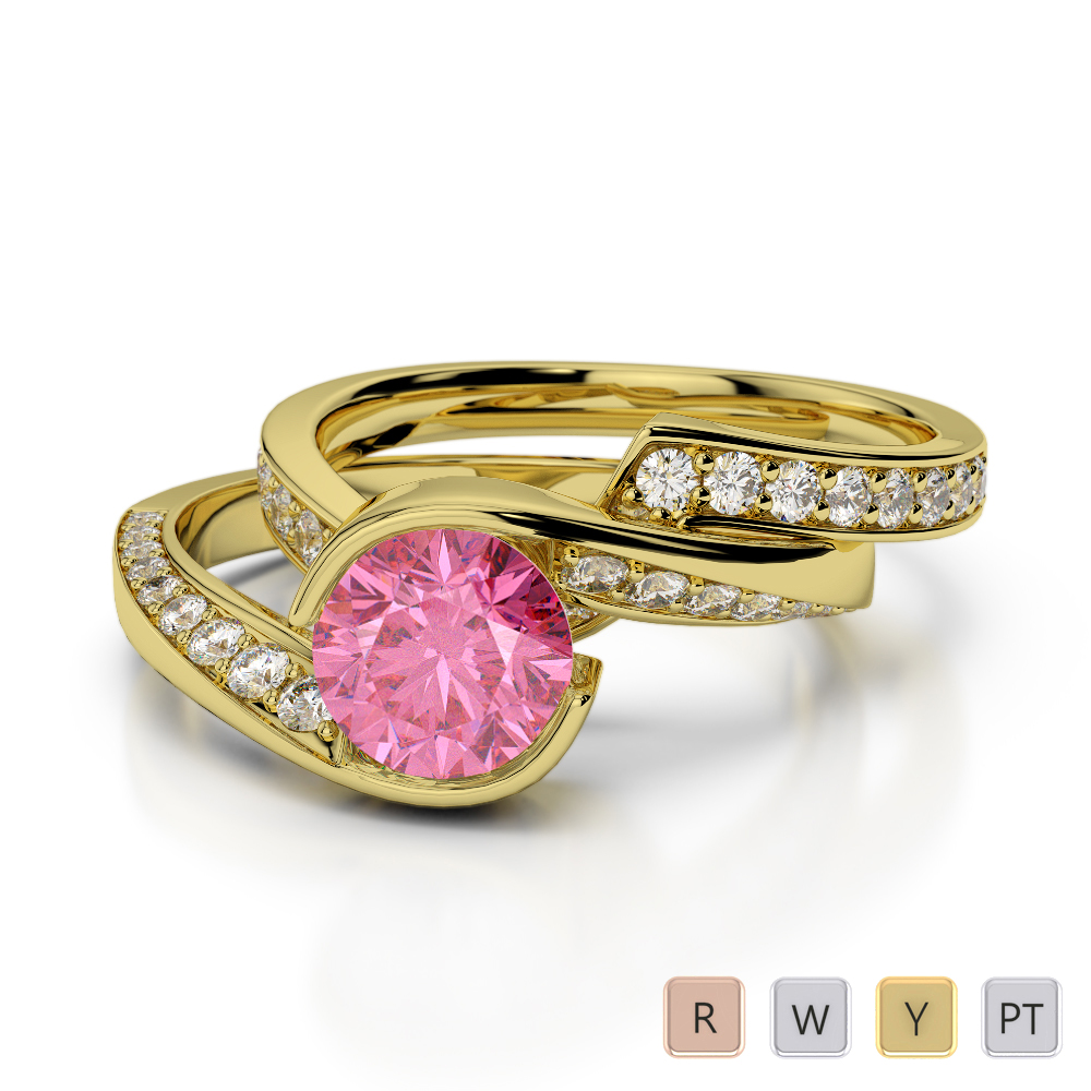 Bezel Set Pink Tourmaline and Prong Set Diamond Bridal Set Ring in Gold / Platinum ATZR-0333