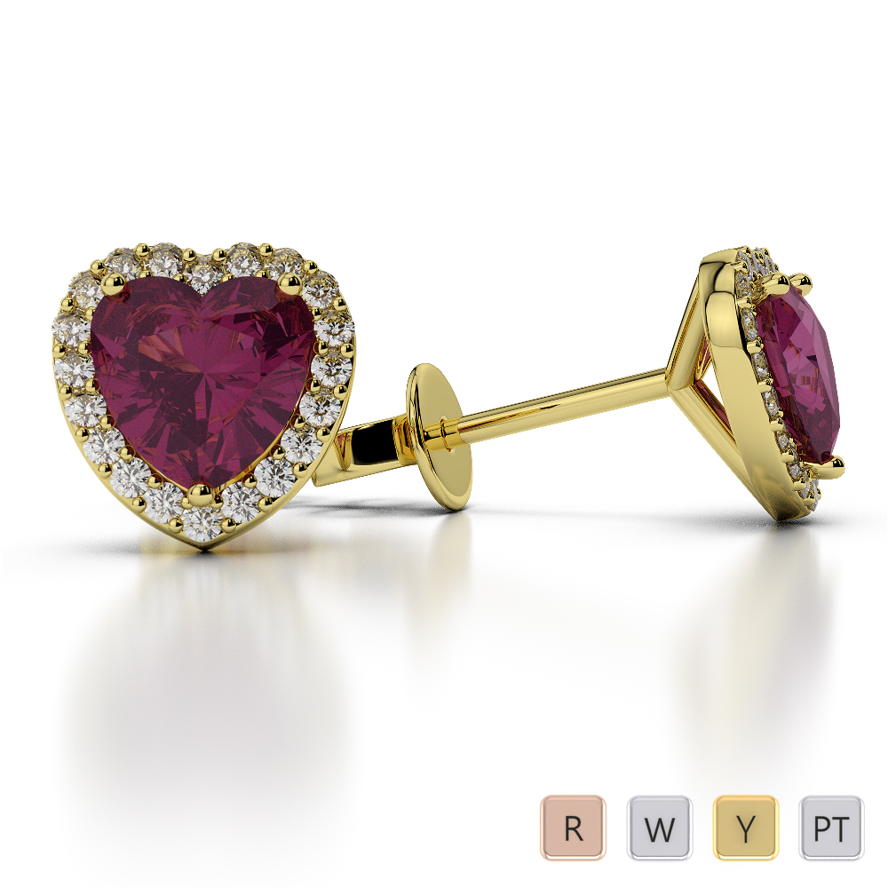 Heart Shape Ruby & Round Diamond Earrings in Gold / Platinum ATZER-0469