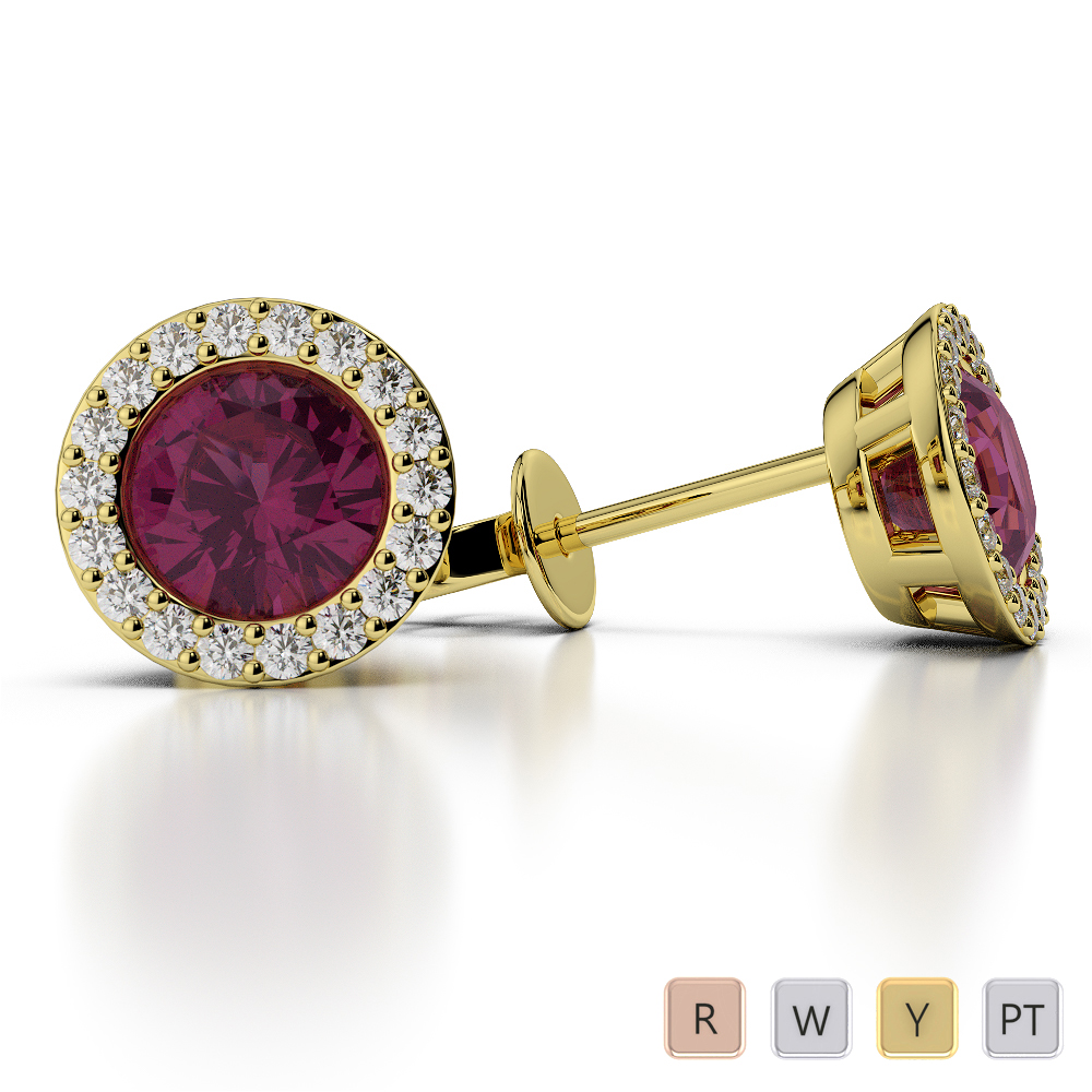 Round Shape Ruby and Diamond Earrings in Gold / Platinum ATZER-0480