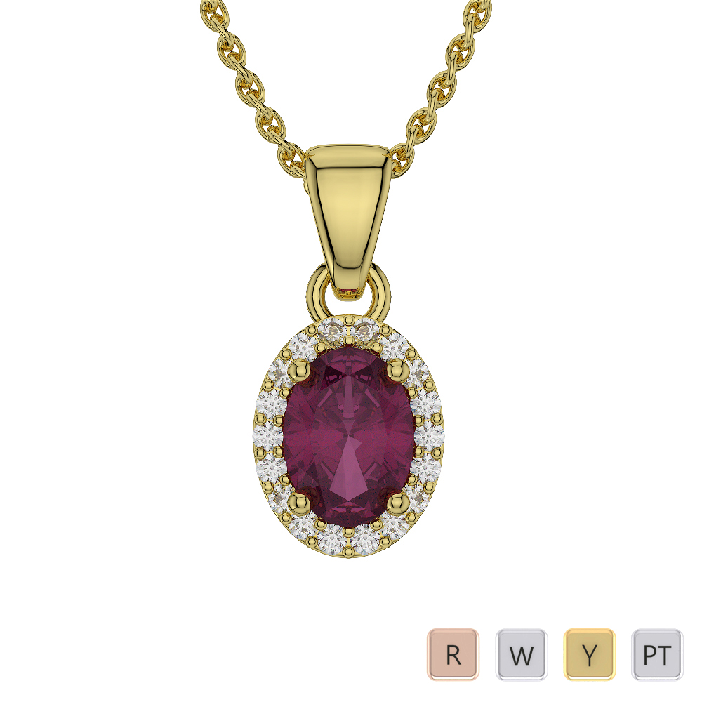 Oval Shape Ruby & Round Cut Diamond Necklaces in Gold / Platinum ATZNK-0570
