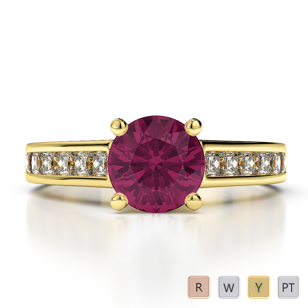 Round Cut Ruby and Princess Diamond Engagement Ring in Gold / Platinum ATZR-0222