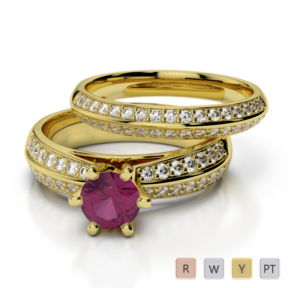 Round Cut Ruby Bridal Set Ring With Diamond in Gold / Platinum ATZR-0302