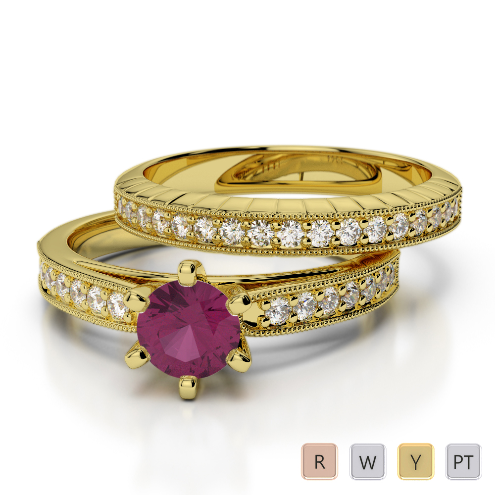 Milgrain Round Cut Ruby & Diamond Bridal Set Ring in Gold / Platinum ATZR-0309