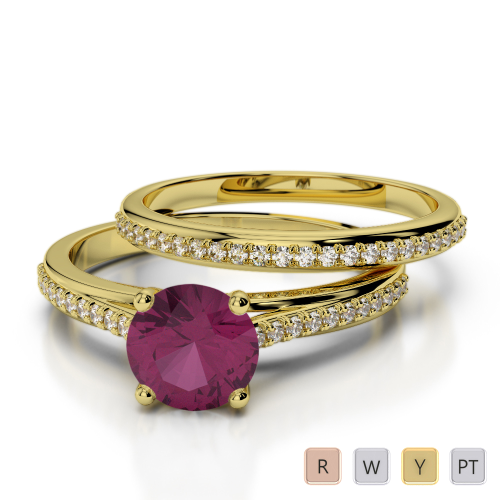 Round Cut Diamond Bridal Set Ring With Ruby in Gold / Platinum ATZR-0354