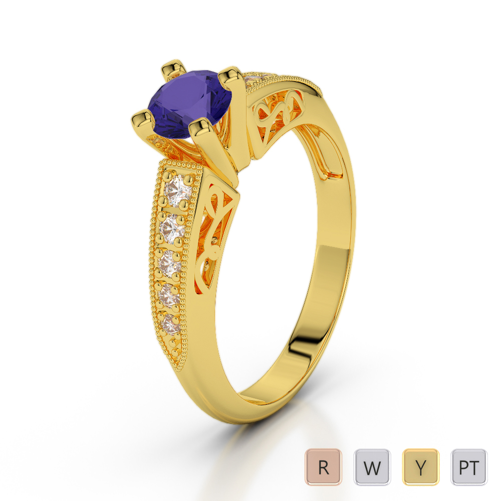Milgrain Prong Set Diamond and Tanzanite Engagement Ring in Gold / Platinum ATZR-0249