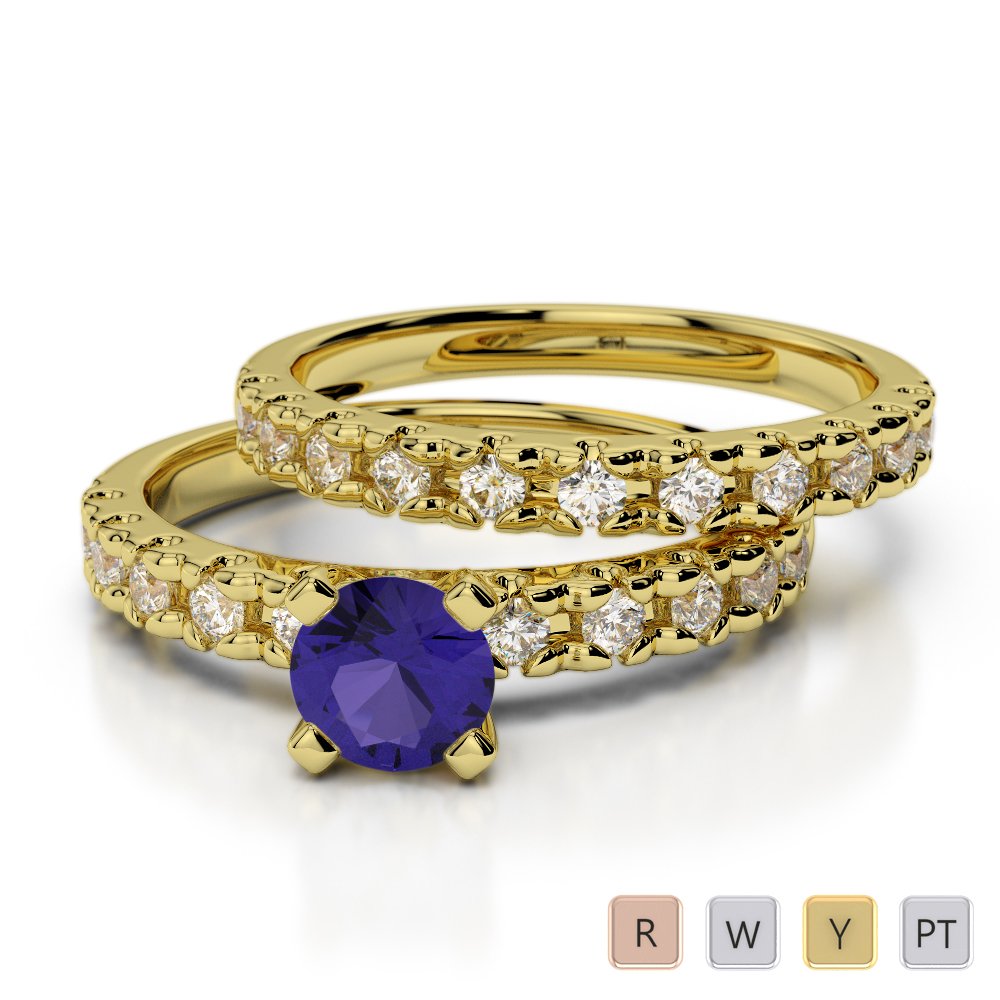 Round Cut Bridal Set Ring With Diamond & Tanzanite in Gold / Platinum ATZR-0299