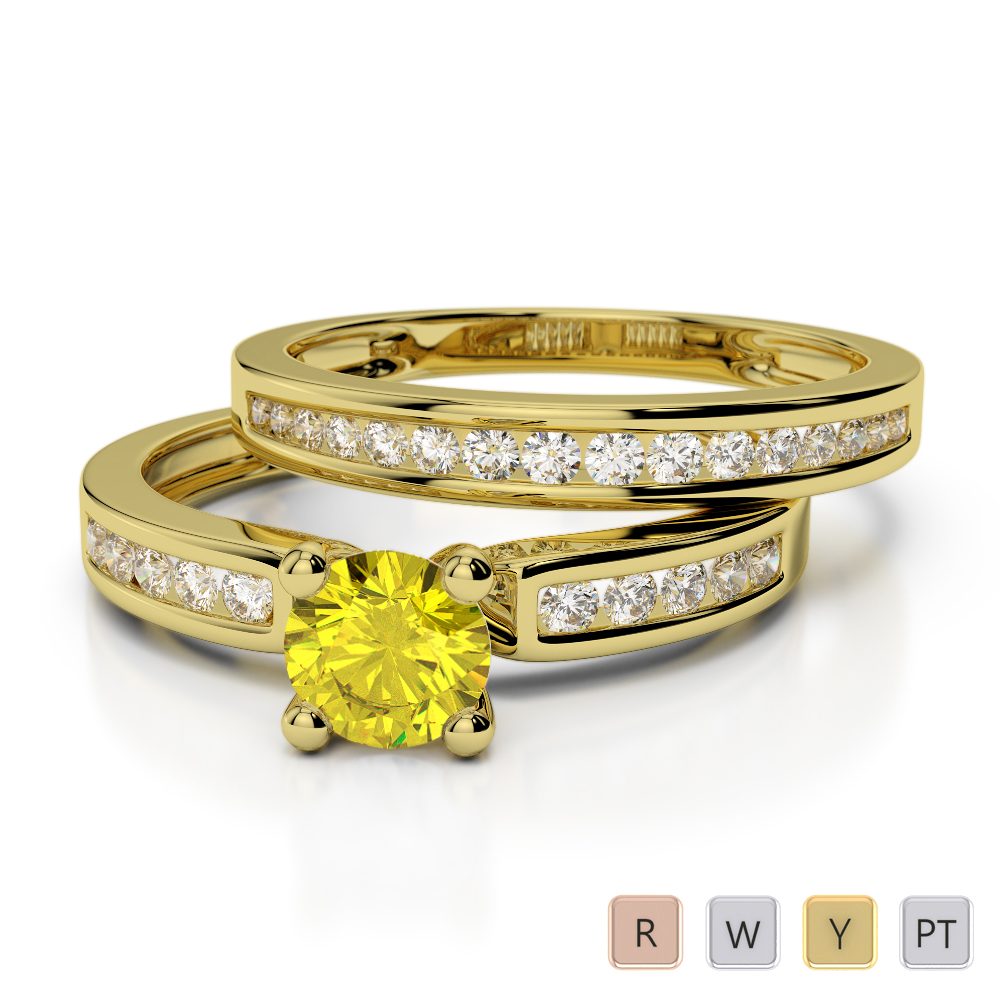 Channel Diamond & Prong Set Yellow Sapphire Bridal Set Ring in Gold / Platinum ATZR-0312