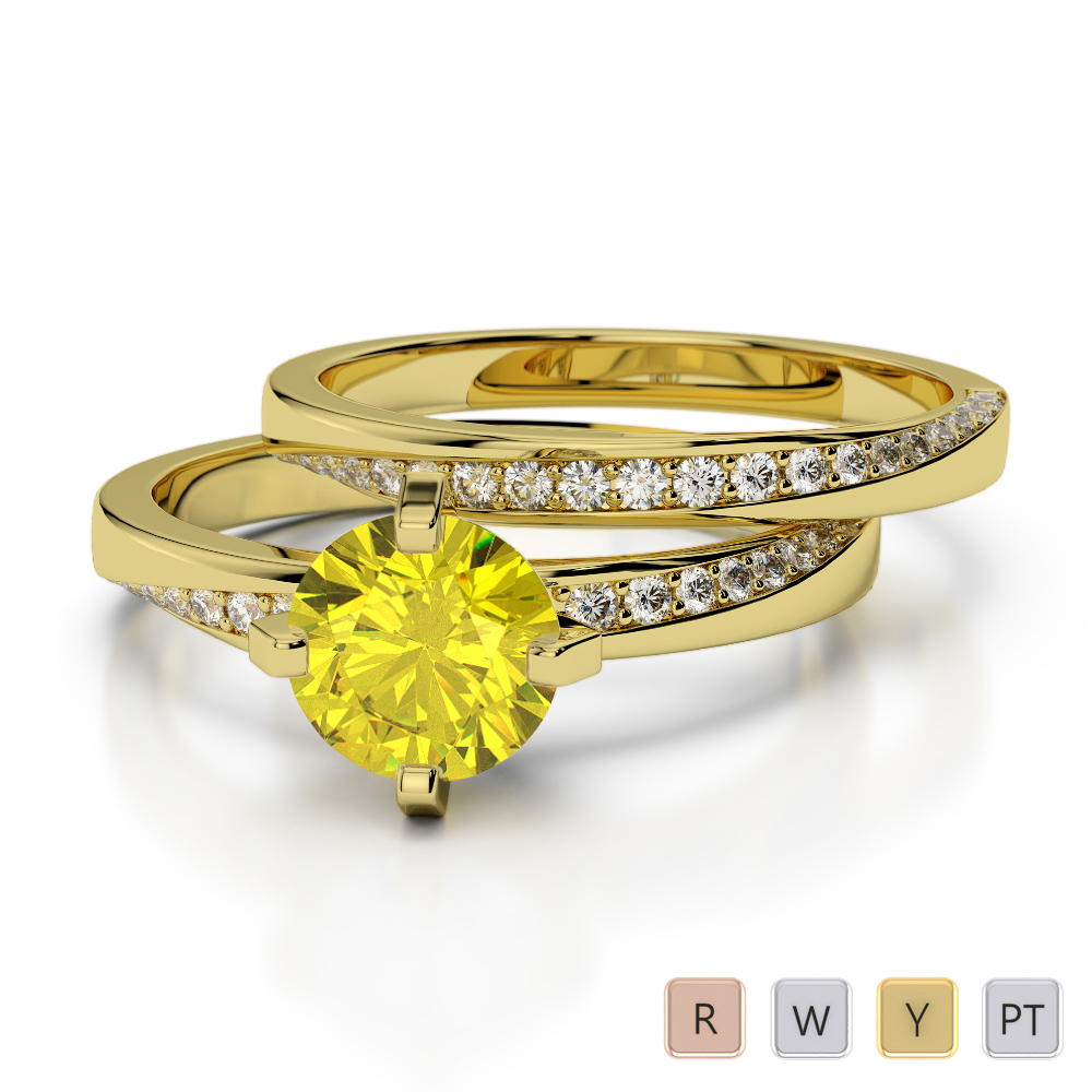 Four Prong Set Yellow Sapphire Bridal Set Ring With Diamond in Gold / Platinum ATZR-0324